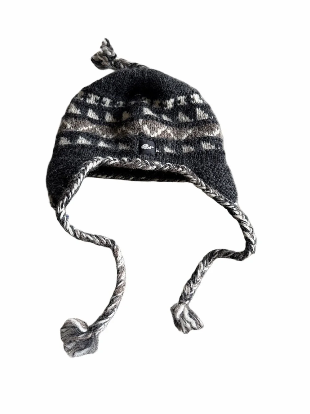 Everest Designs Nepal Wool Earflap Hat Adult Black Gray Braided Tassel Pom - Picture 1 of 11